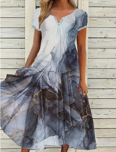 Blue Purple Short Sleeve Print Midi Dress