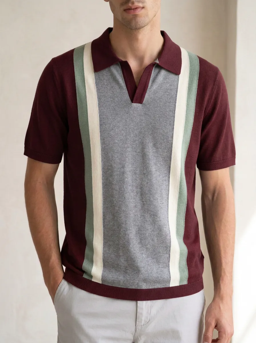 Men's Retro Vertical Stripe Knit Polo Shirt