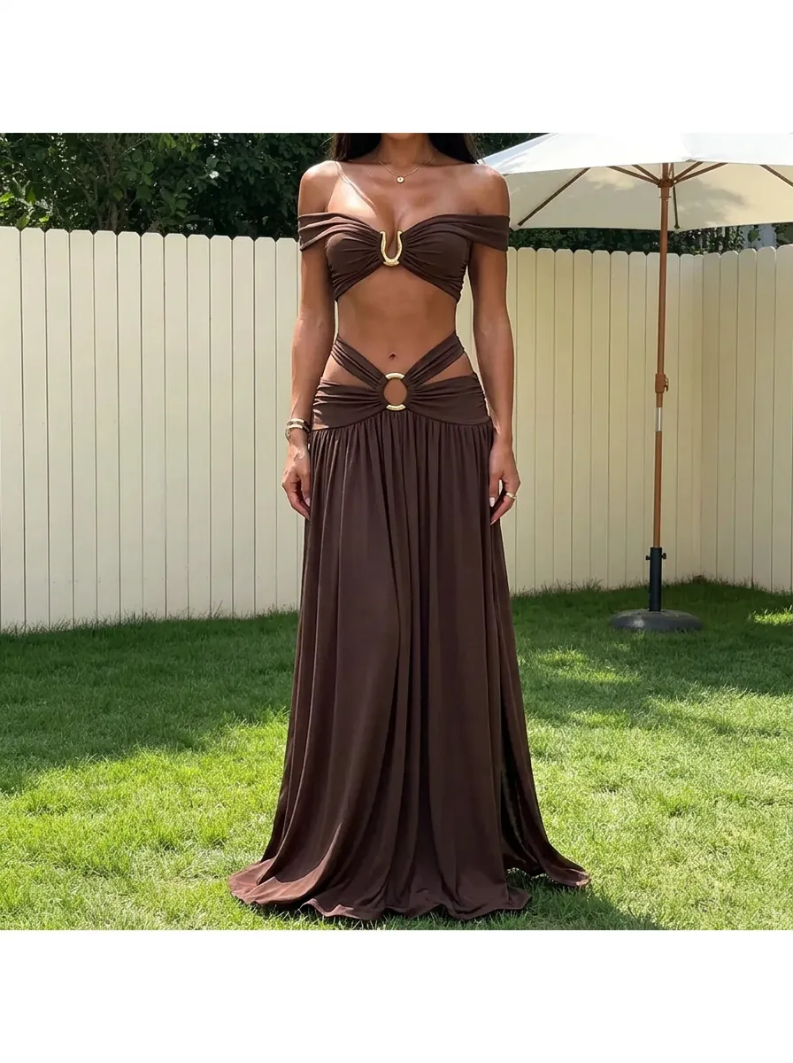 Women's Sexy Brown Off-Shoulder Metal Ring Cutout Two-Piece Set