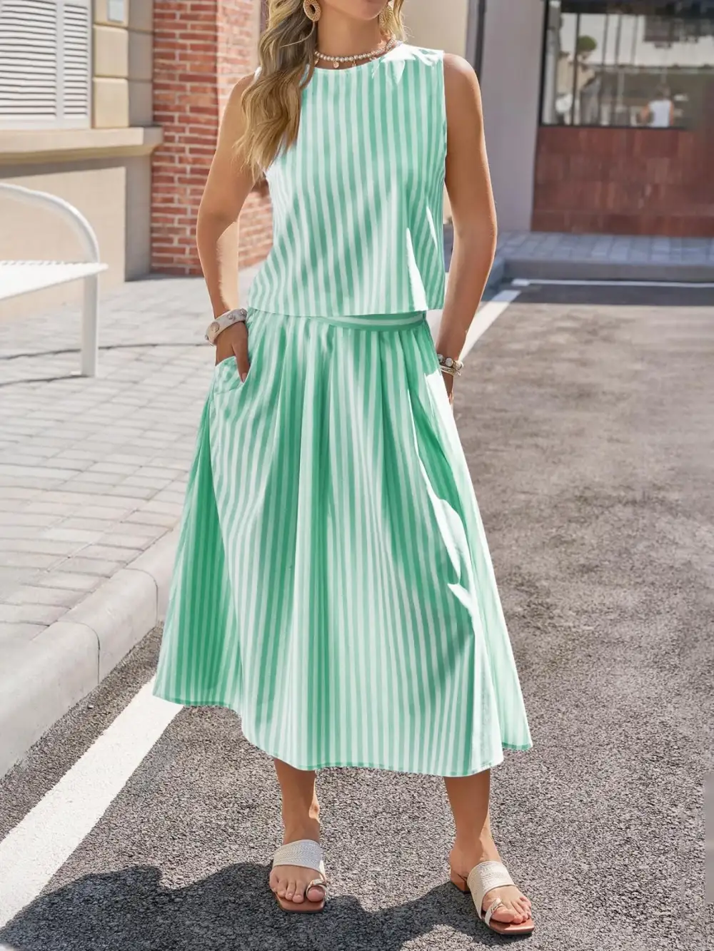 Natural Button Front Sleeveless Detail Coordinated Set
