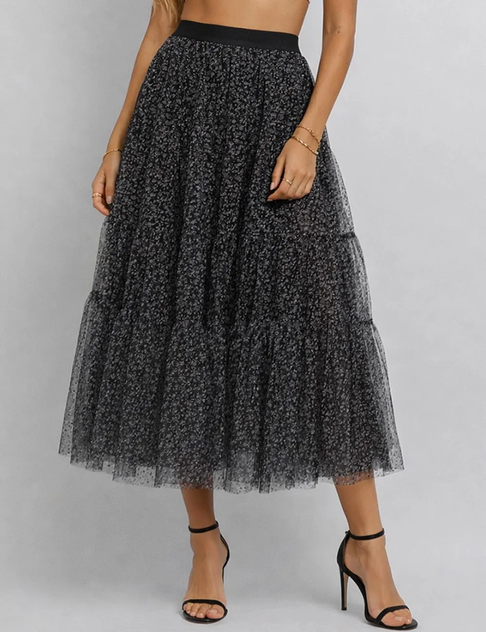 Elastic Waist Mesh Tiered Hem Maxi Skirt
