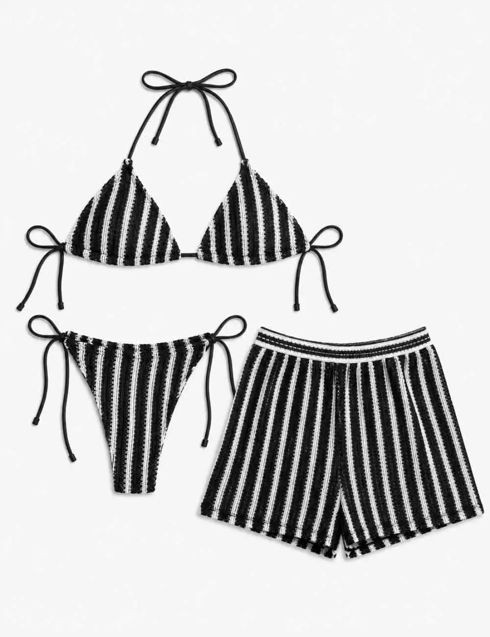 Crochet Triangle Three Piece Bikini Set with Cover Up Shorts