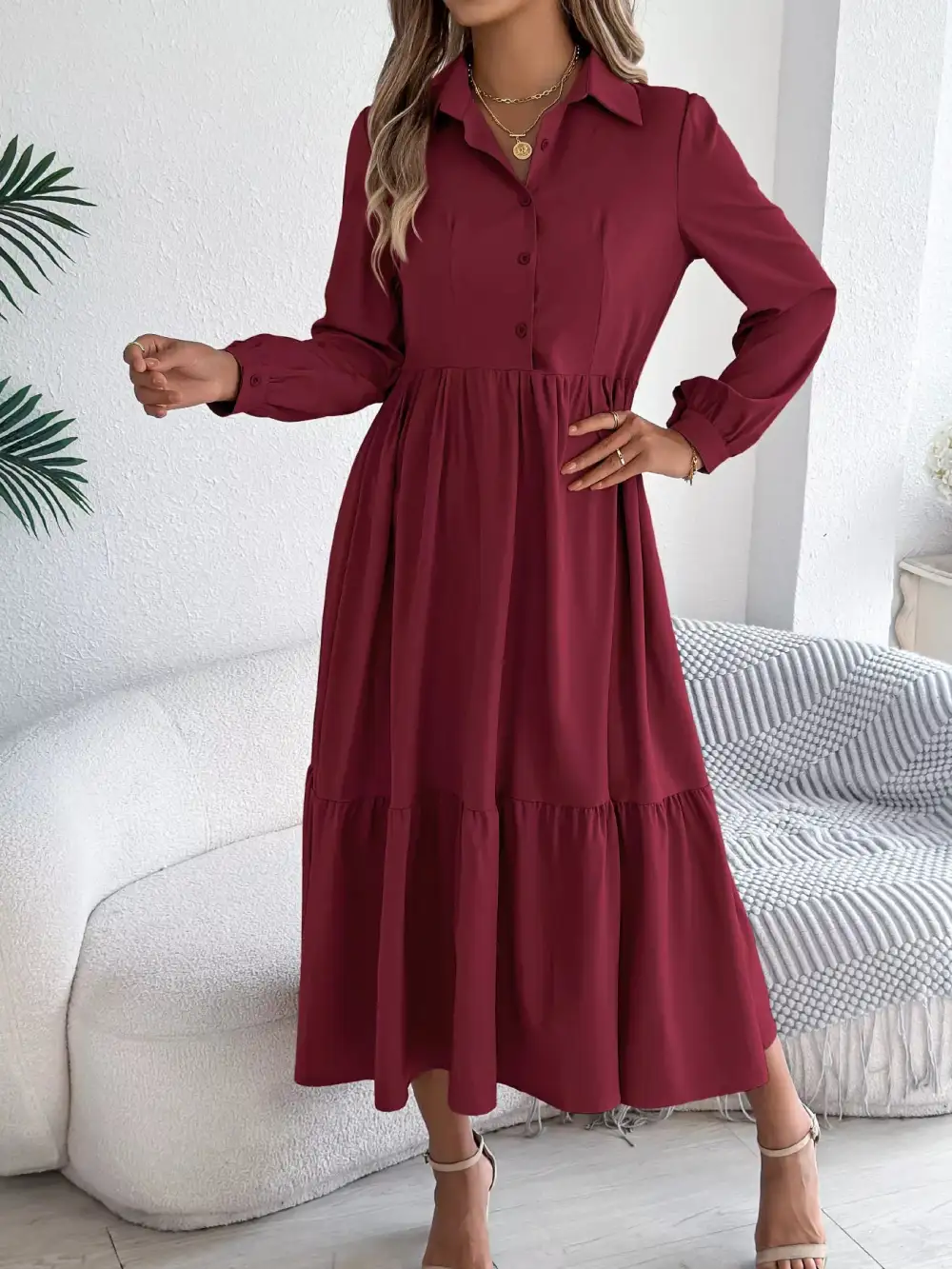 Button Front Tiered Long Sleeve Midi Dress