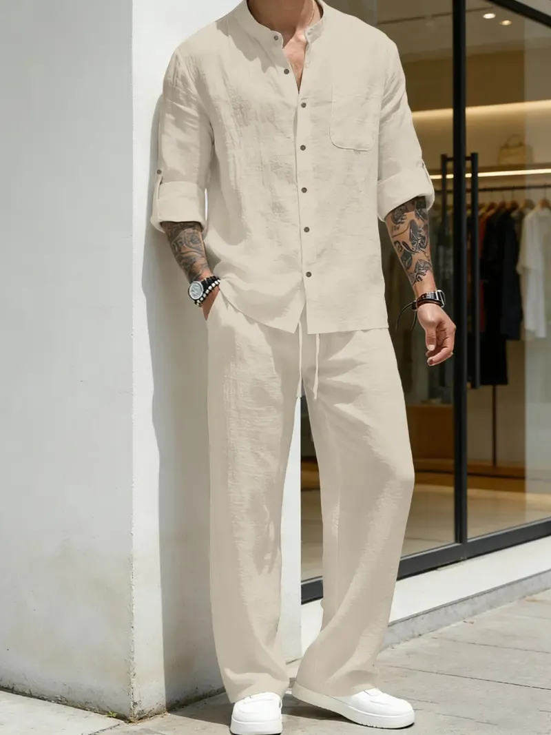 Men's Linen Stand Collar Long Sleeve Casual Suit