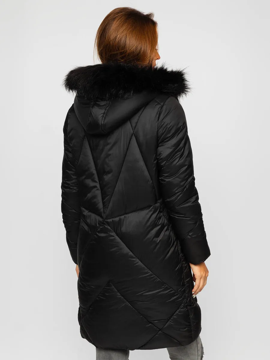 women's black quilted winter jacket with hood