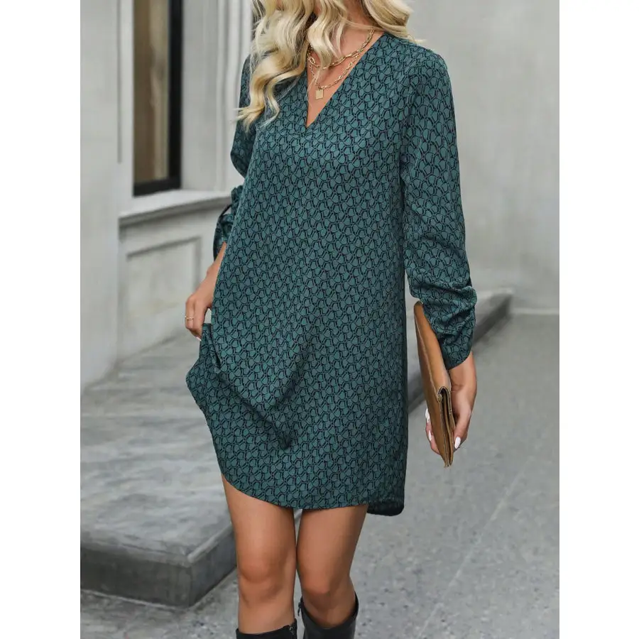 Printed V Neck Long Sleeve Mini Dress