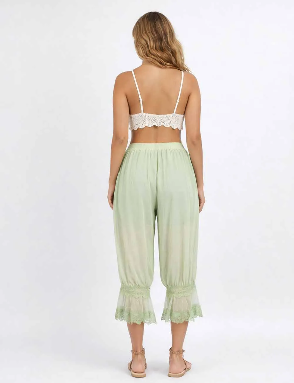 Sheer Lace Trim Bloomer Drawstring Waist Capri Pants