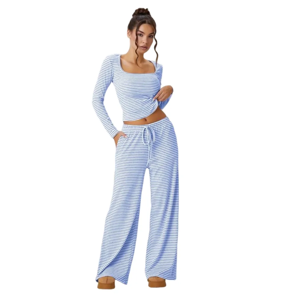 Women's Slouchy Square Neck Stripe Long Sleeve Crop Top & Low-Rise Wide Leg Trousers Co-ord