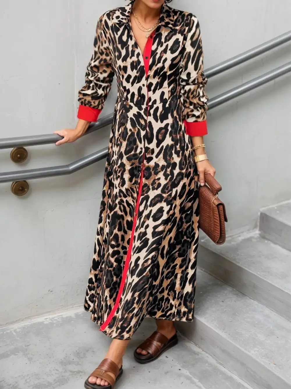 Long Sleeve Printed Colorblock Maxi Dress