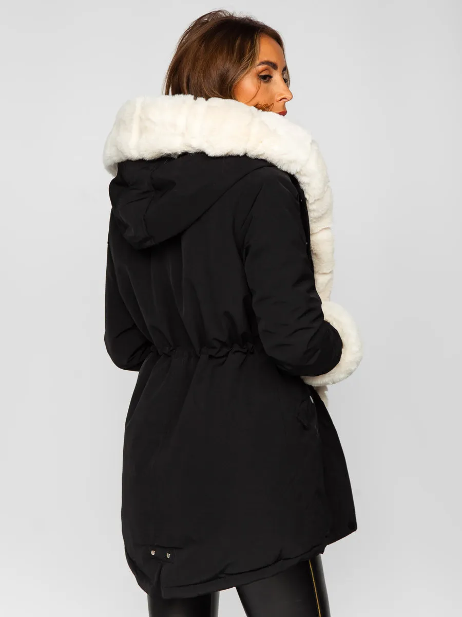 Black women's winter parka jacket with hood