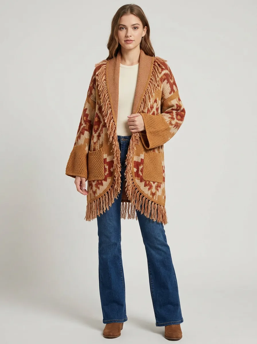 Women's Geometric Pattern Fringe Cardigan Fringe-Trim