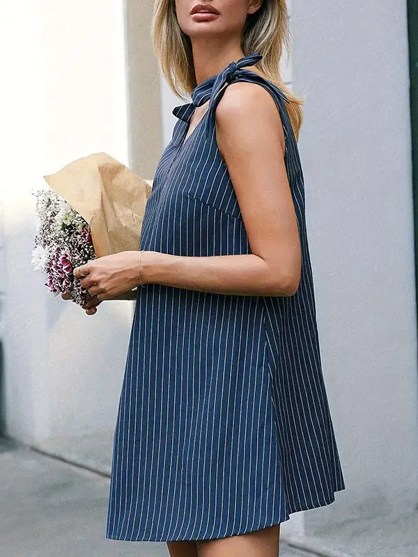 Sleeveless Bowknot Split Joint Striped V Neck Mini Dress Shirt Dress