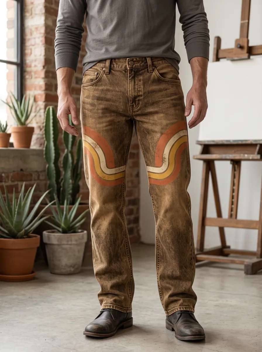 Men's Vintage Retro 70s Stripe Printed Brown Jeans