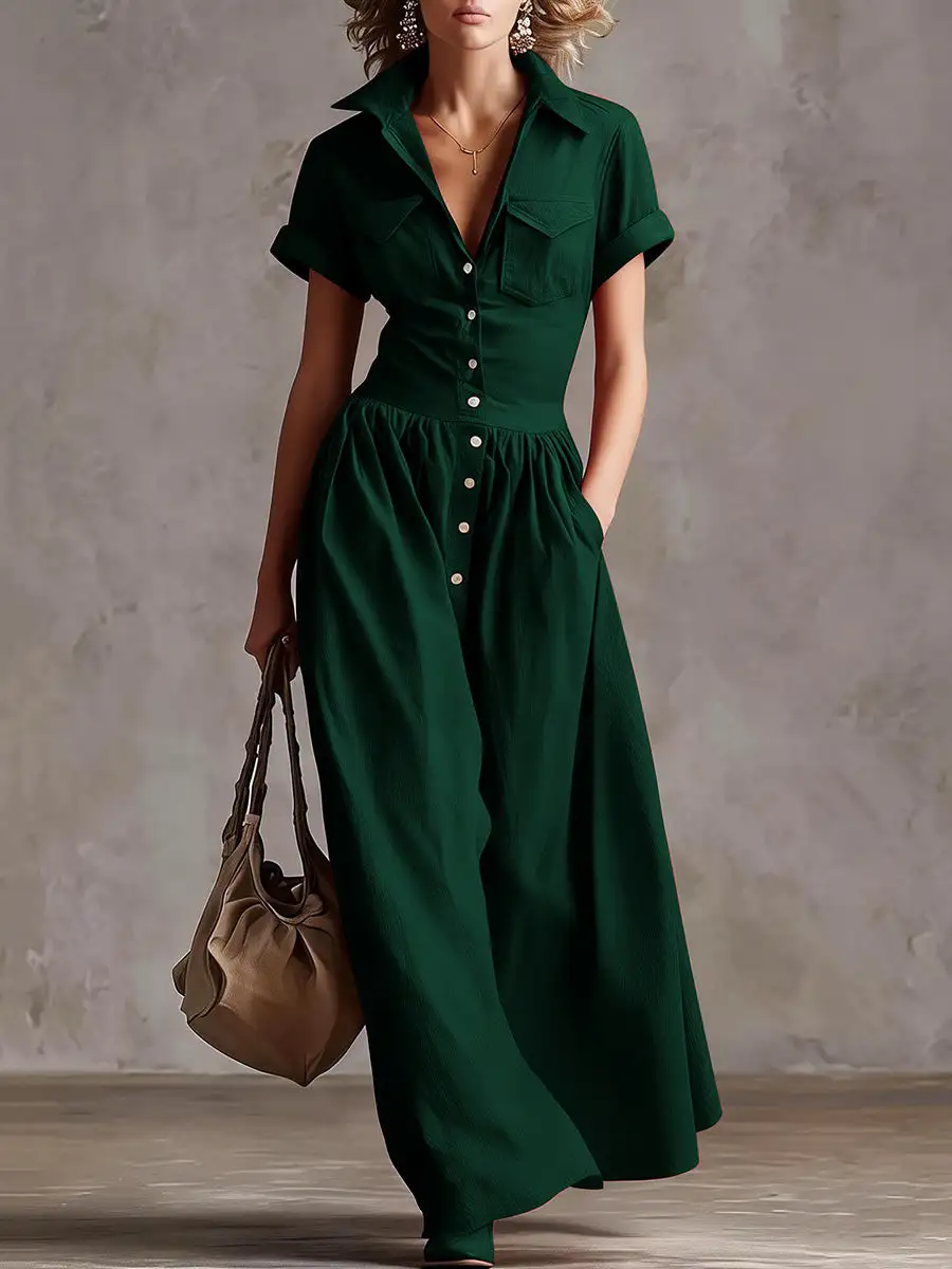Waisted Pleated Buttoned Maxi Dress