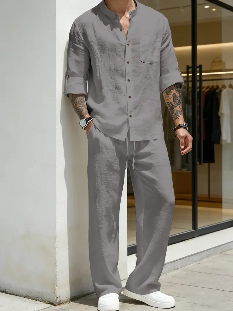 Men's Linen Stand Collar Long Sleeve Casual Suit