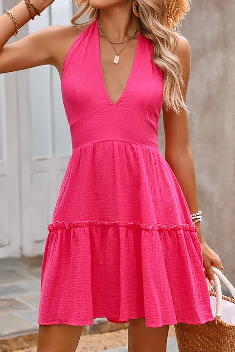 Halter Neck Solid Color Mini Dress