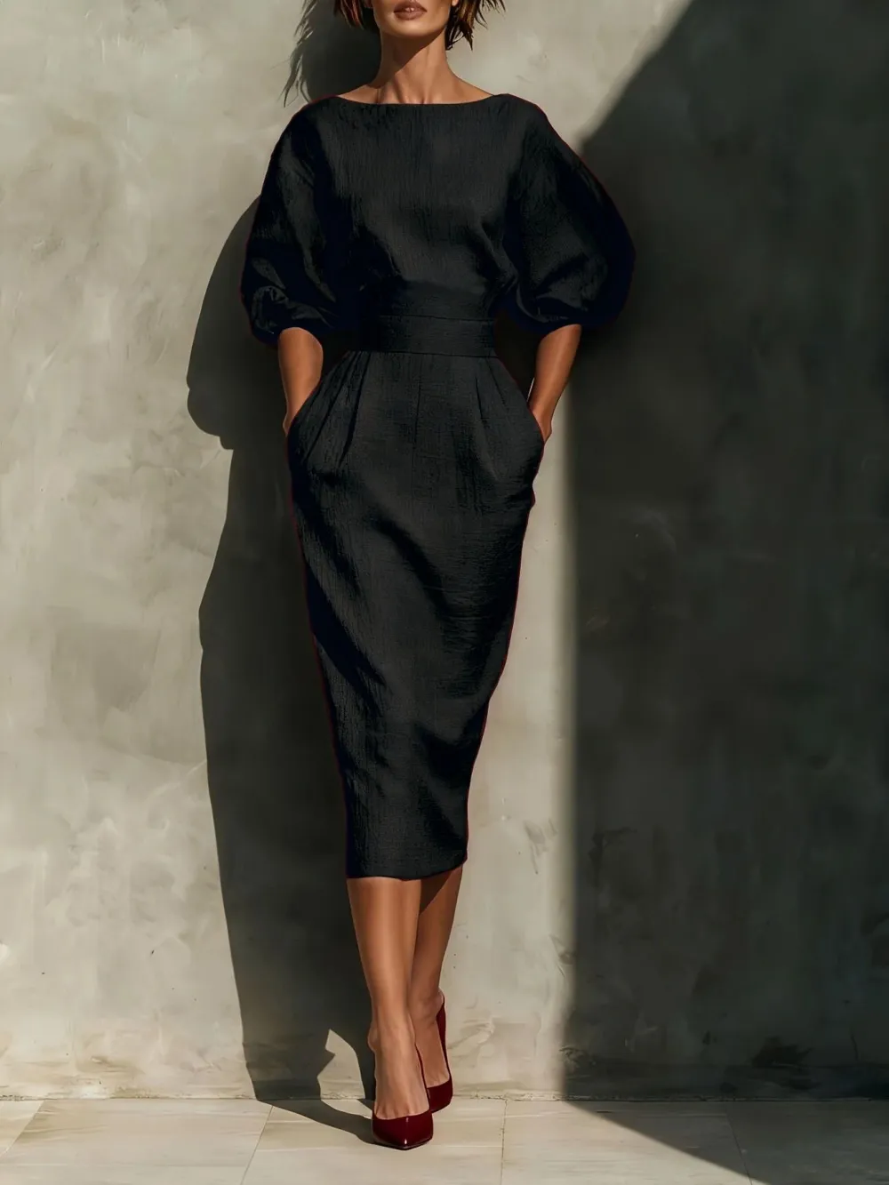 Round Neck Puff Sleeve Midi Dress