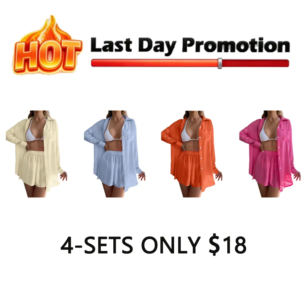 Women's Solid Button-Front Pocket Sheer Cover-Up Shirt & Shorts Set, Casual Drop-Shoulder Long-Sleeve Top & Shorts for Beach Vacation, Ladies Summer Swimwear Clothes