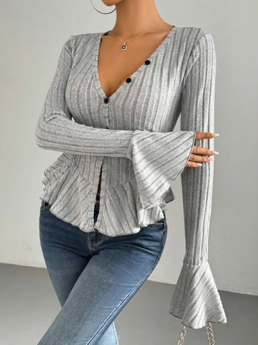 Flared Sleeve Long Sleeve Button Detail Ruffle Panel Detail Deep V-Neck T-Shirt