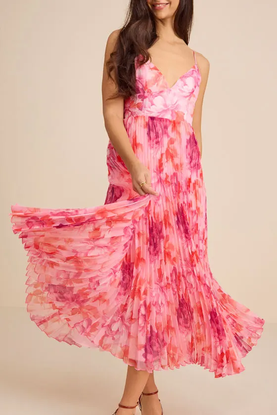 Sincerely Gorgeous Pink Multi Floral Pleated Midi Dress