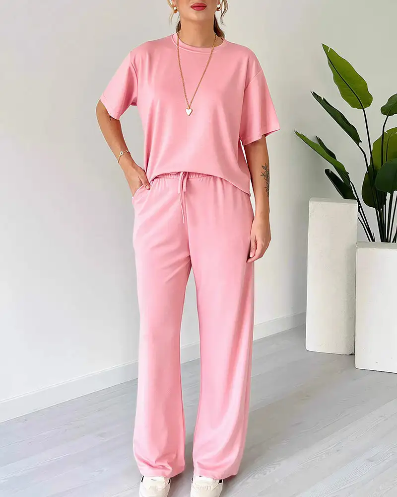 Casual Two-Piece Lounge Set Short Sleeve Top and Wide Leg Pants