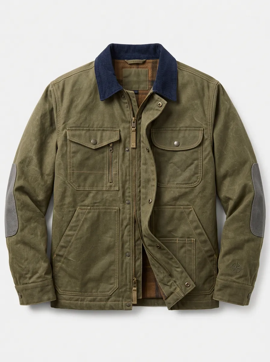 Men's Outdoor Adventure Compass Embroidered Waxed Canvas Jacket