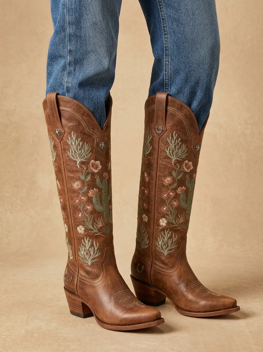 Women's Western Cactus Floral Star Embroidered Block-Heel Stacked-Heel Denim Over-the-Knee Boots
