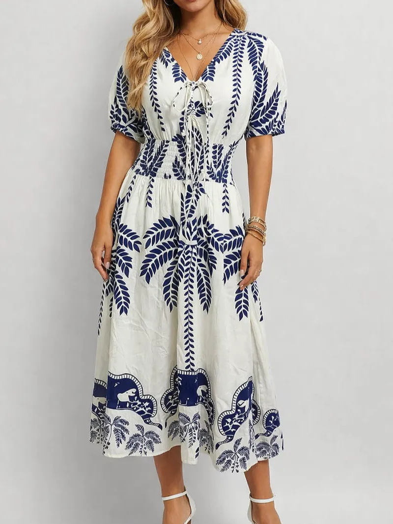 Palm Tree Smocke Waist V Neck Drawstring Midi Dress