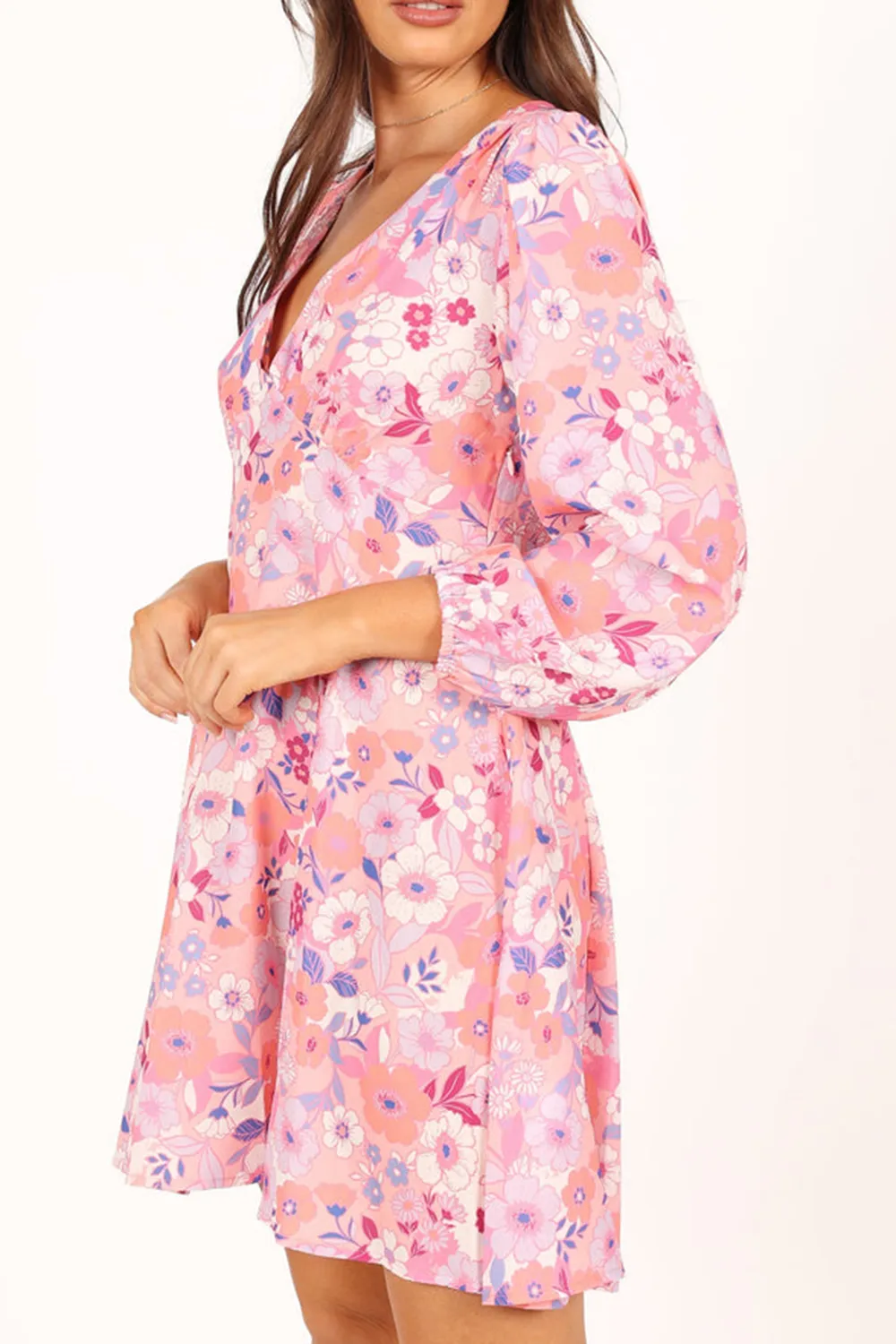 PINK FLORAL LONG SLEEVE MINI DRESS