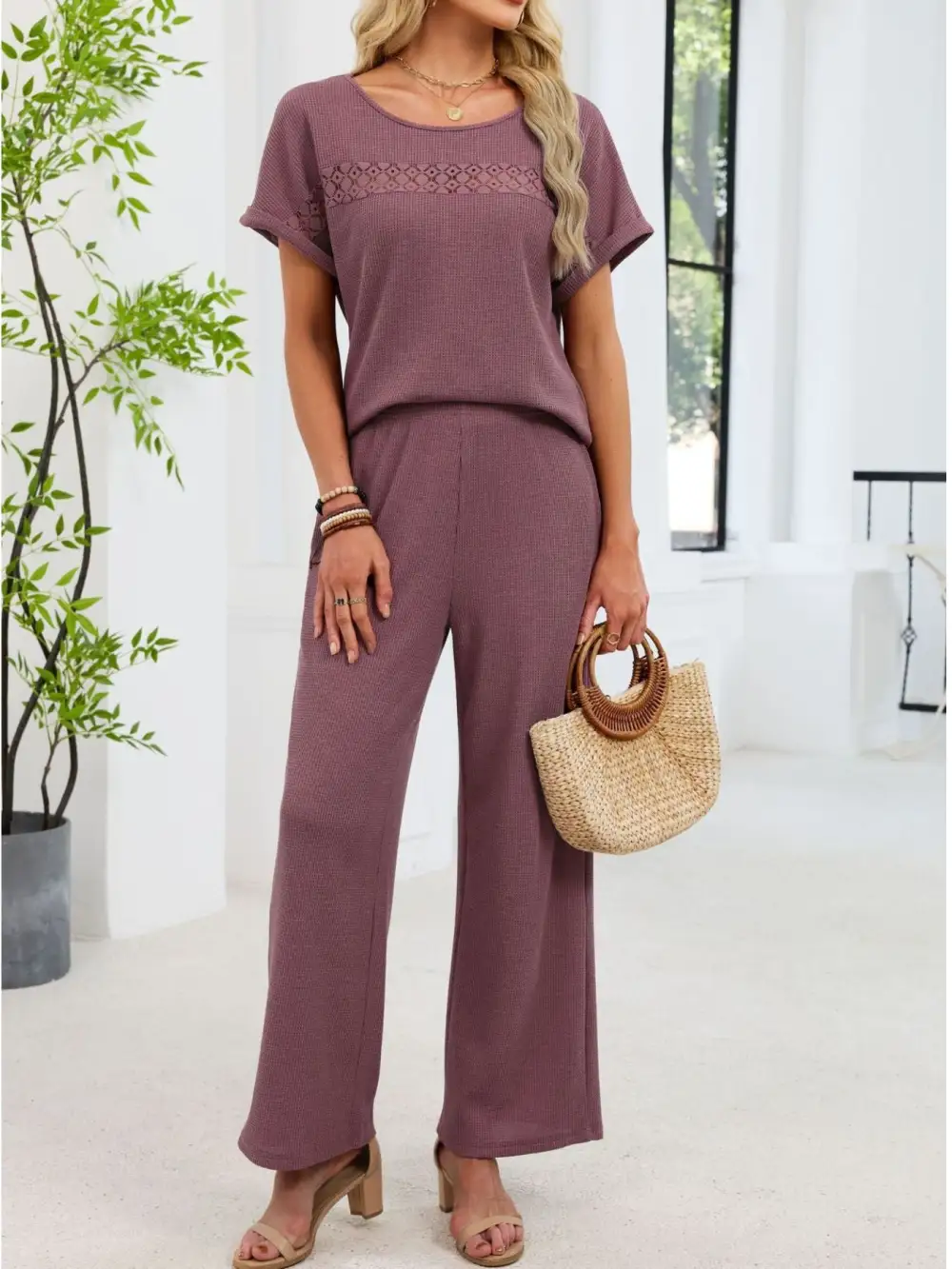 Lace Detail Short Sleeve Top and Pants Set