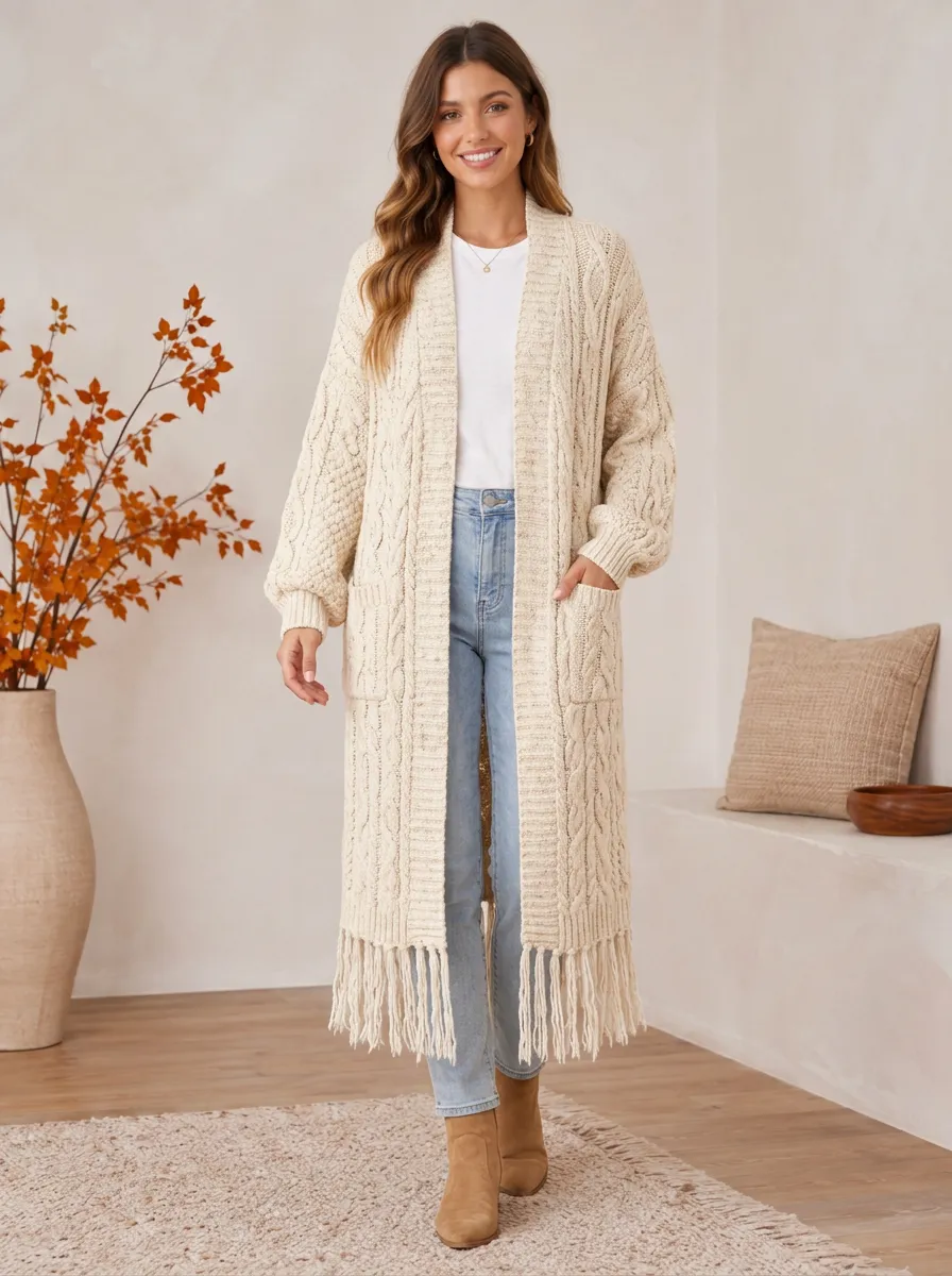 Women's Casual Beige Cable Knit Tassel Trim Cardigan