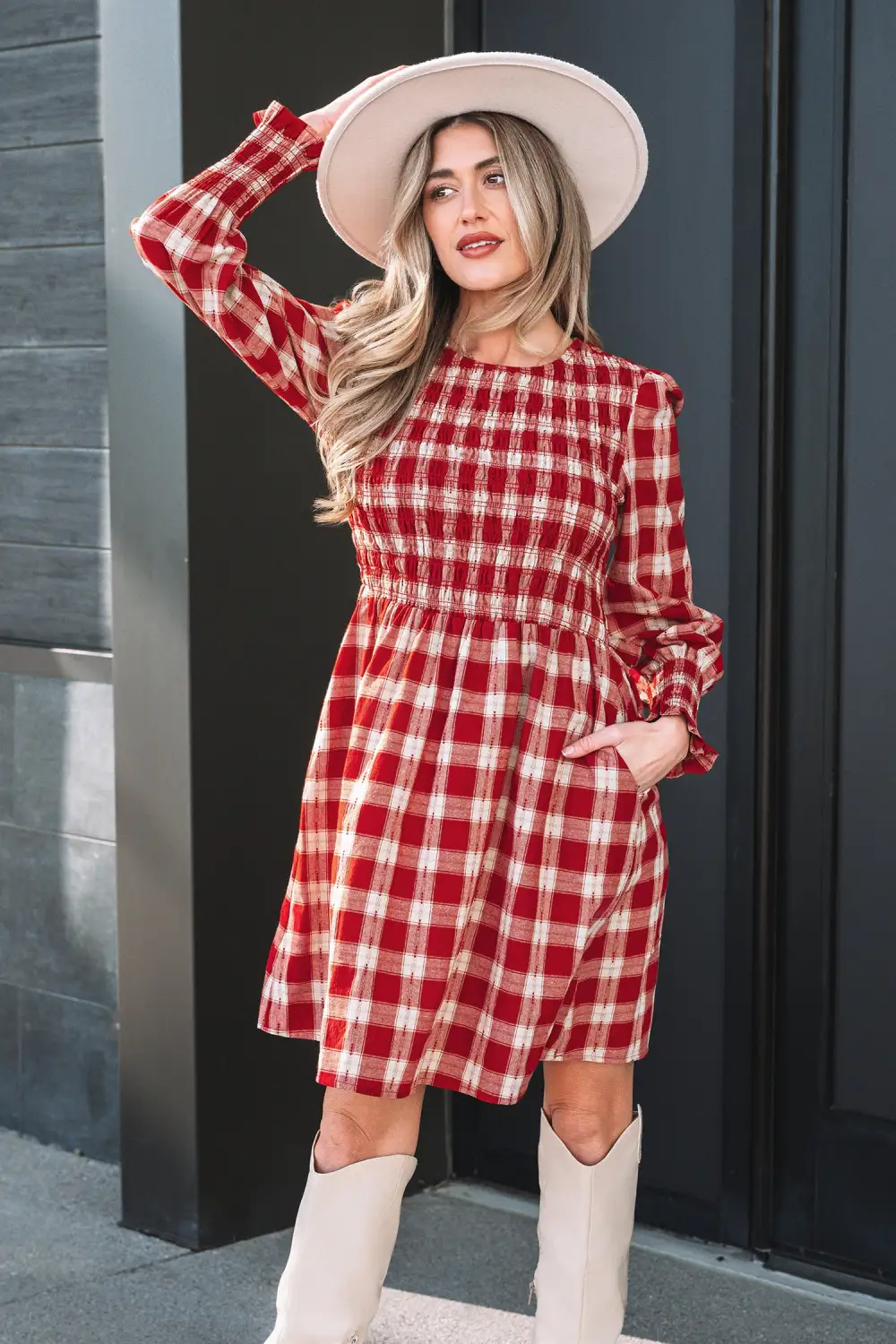 Lightweight Feel Plaid Printed Smocked Mini Dress