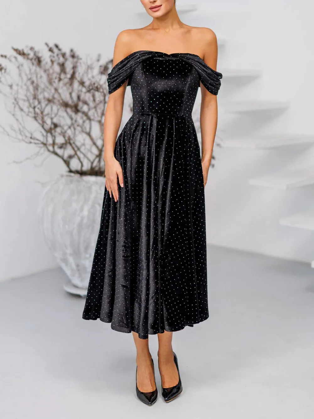 Elegant Off Shoulder Velvet Rhinestone Midi Dress