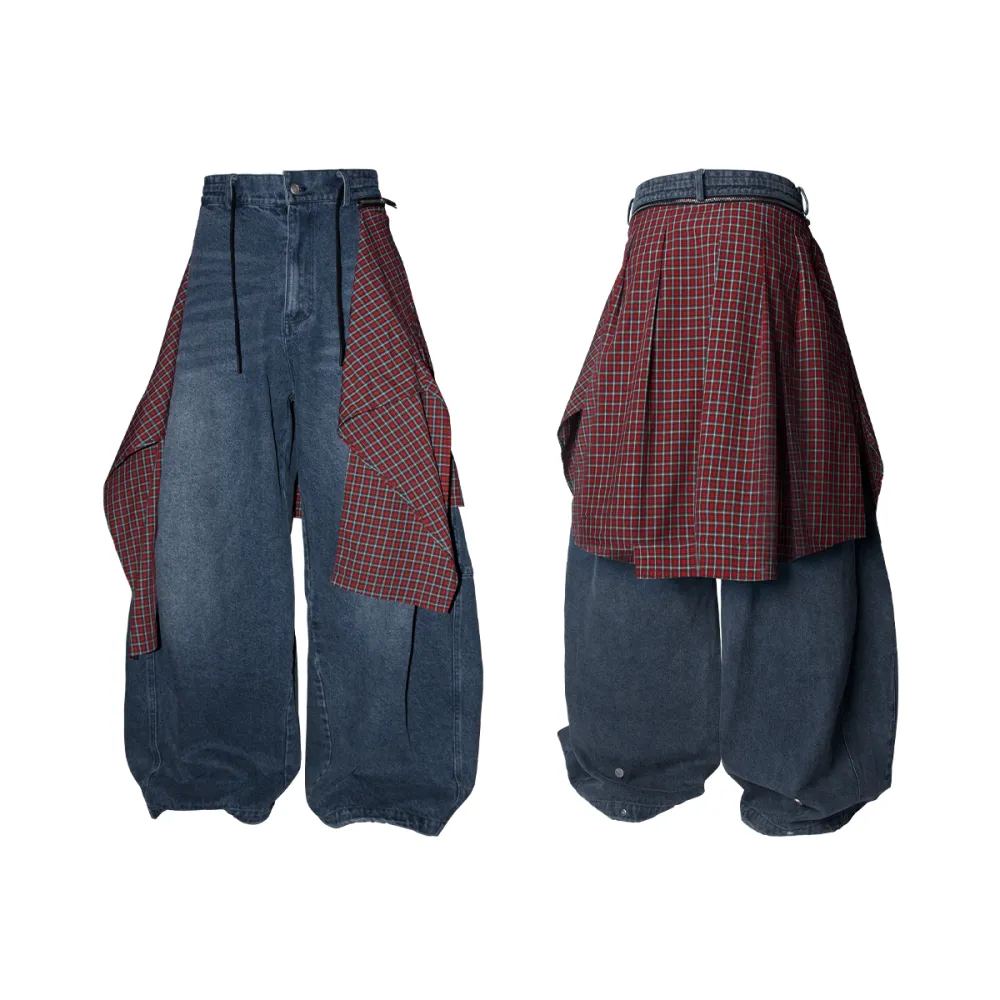 Convertible Plaid Drape Barrel Jeans