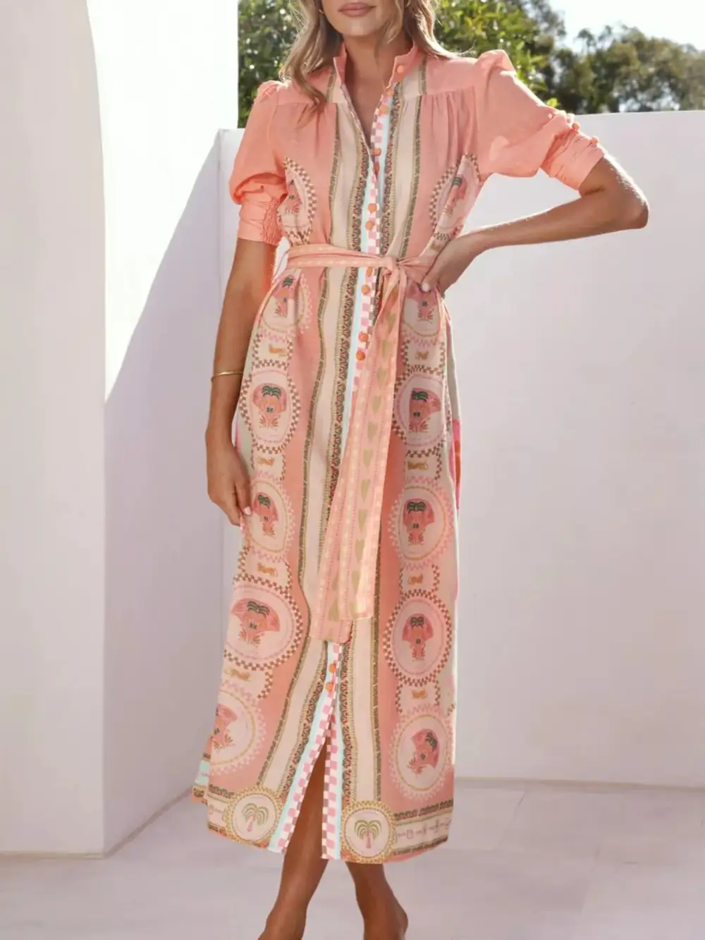 Printed Tie Waist Puff Sleeve Midi Dress