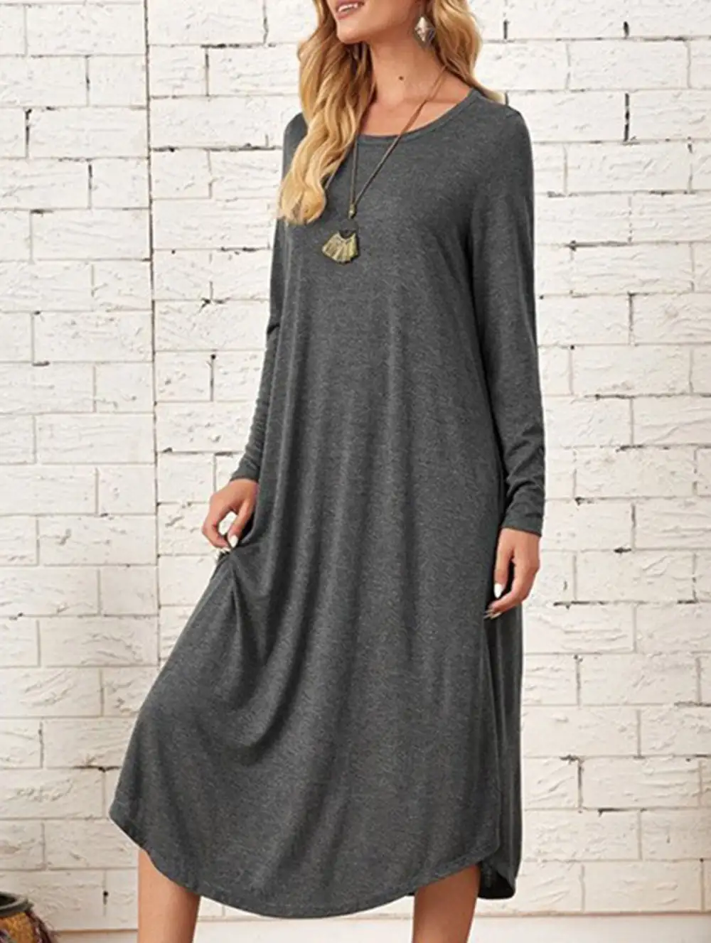 Midi-Length Round Neck Long-Sleeved Dress