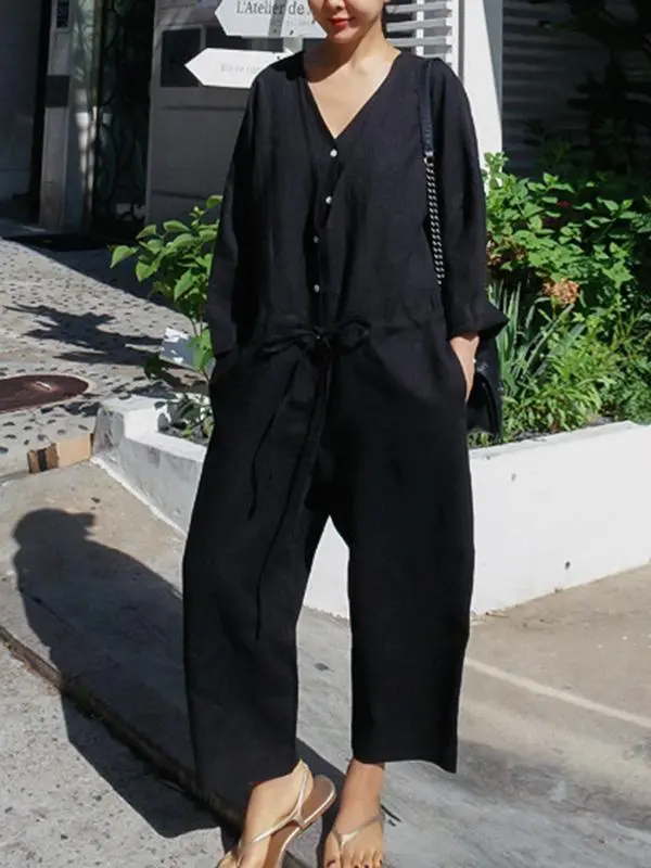 Casual Linnen Jumpsuit Met V Hals