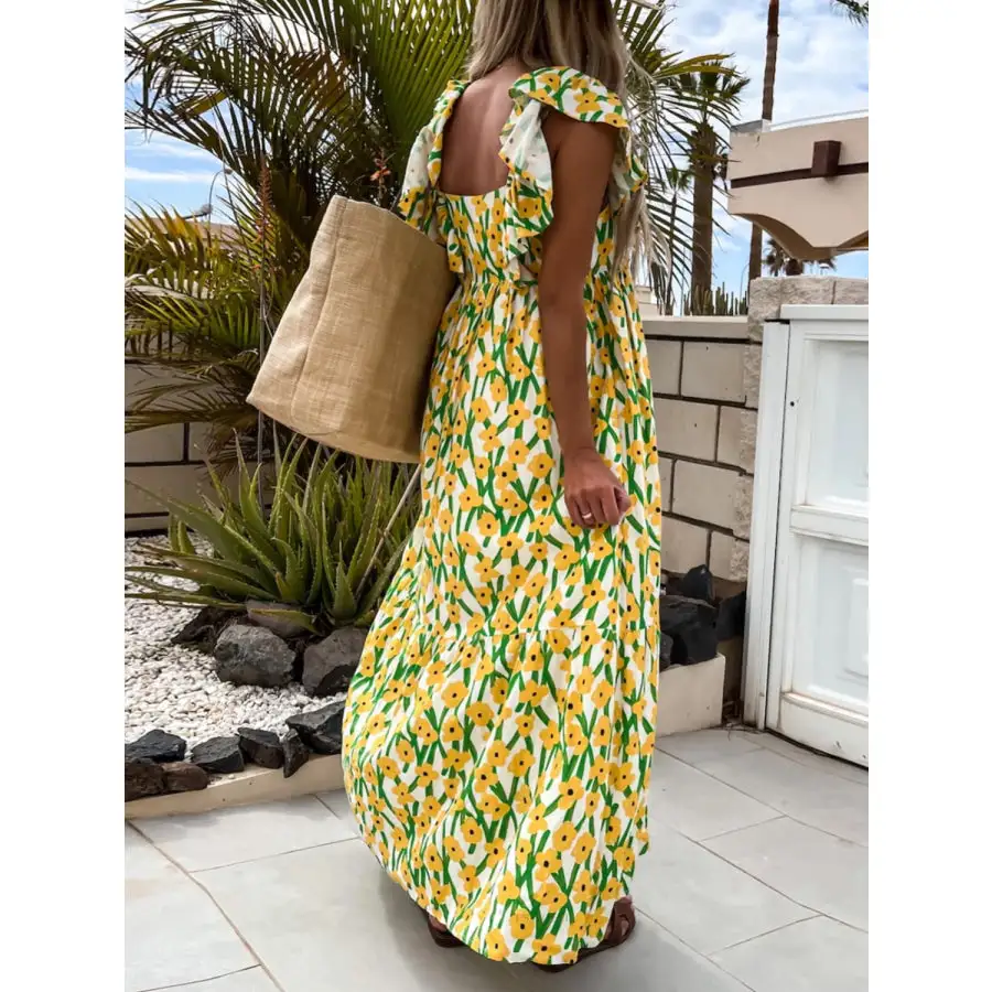 Ruffled Printed Cap Sleeve Midi Dress