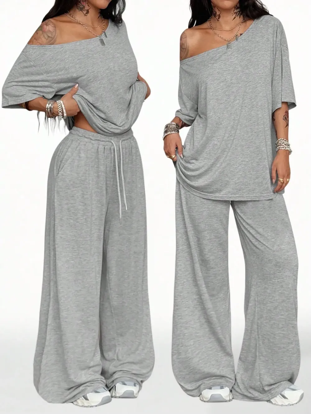Women’s Casual Two-Piece Set – Wide-Leg Pants & Slant Neck Top