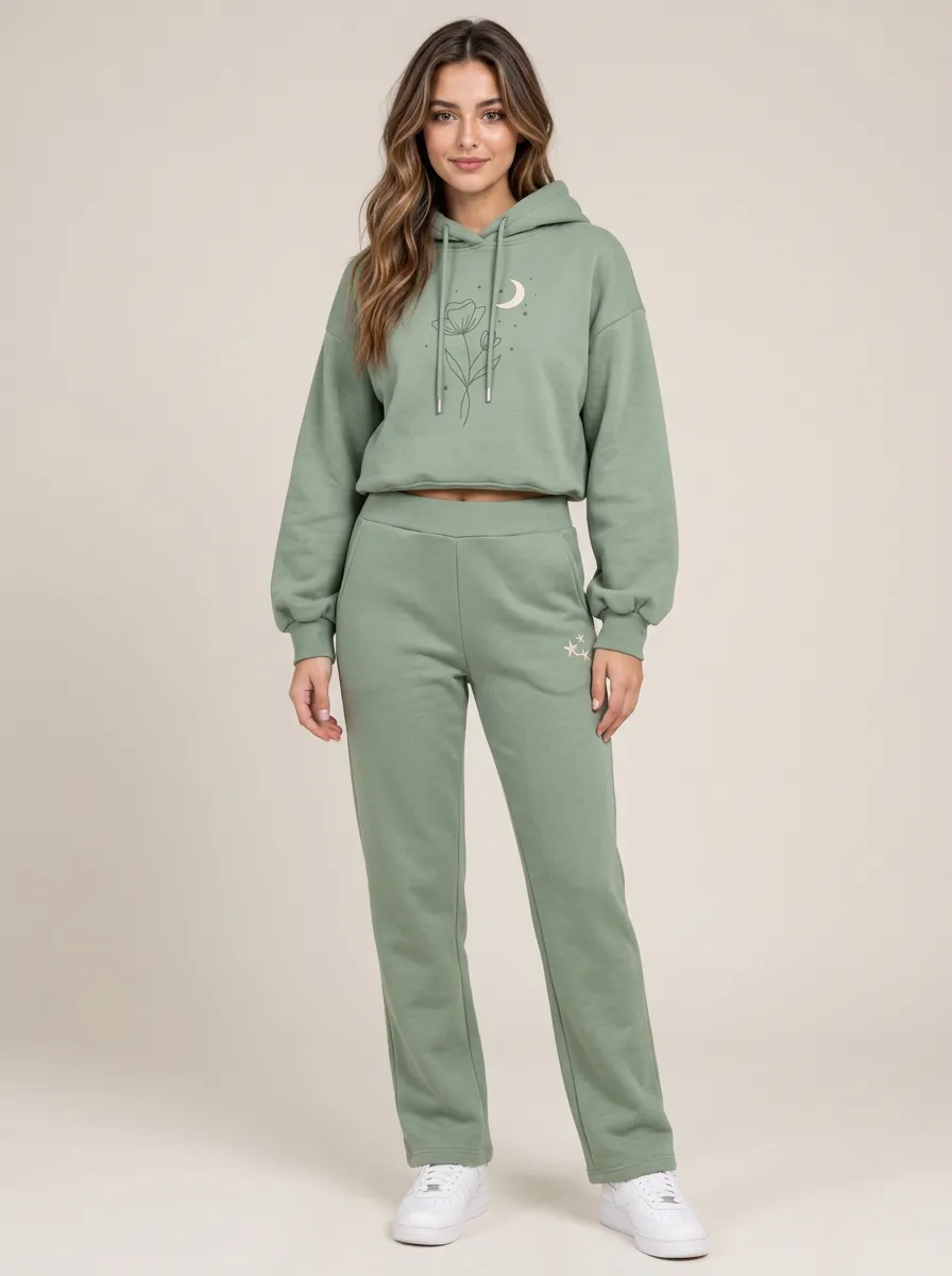 Women's Sage Green Cropped Hoodie Solid Hoodie & Straight-Leg Pants Set