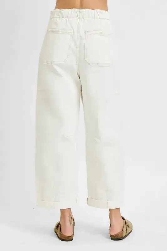 High-Rise Barrel-Leg Cropped Washed Straight Leg Jeans