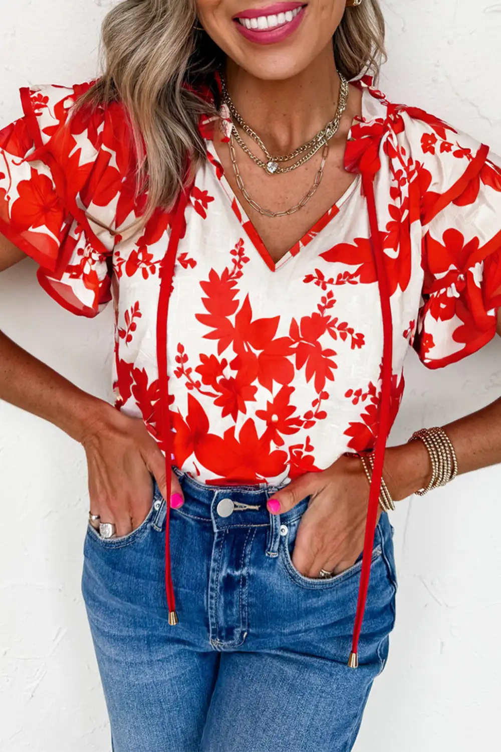 Textured Tie Detail Ruffle Trim Blouse