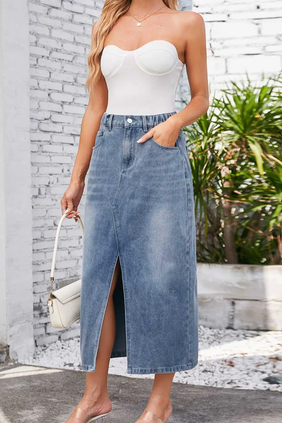 Elastic-Waist Denim Midi Skirt