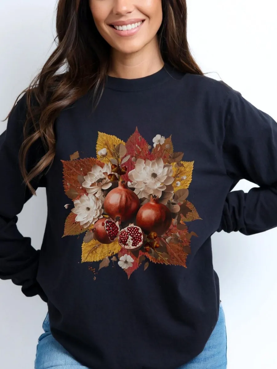 Pomegranate and Floral Long Sleeve T-Shirt
