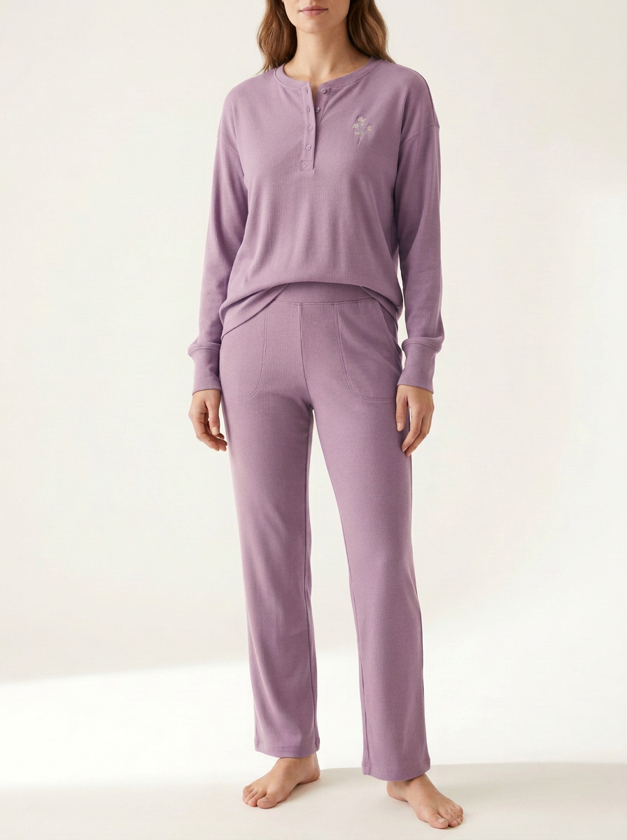 Women's Floral-Embroidered Ribbed Henley Curved-Pocket Lounge Set