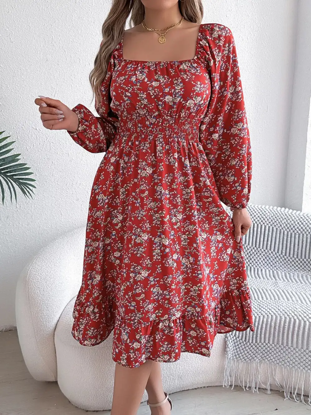 Floral Printed Square Neck Midi Dress