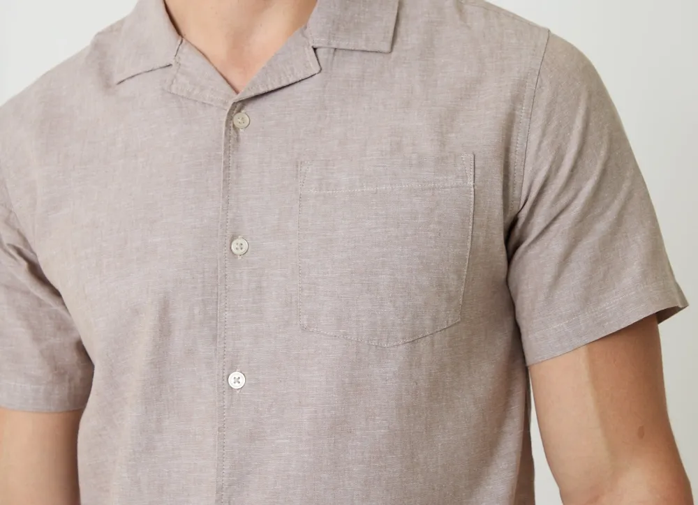 Men's Taupe Linen Cotton Blend Short Sleeve Shirt