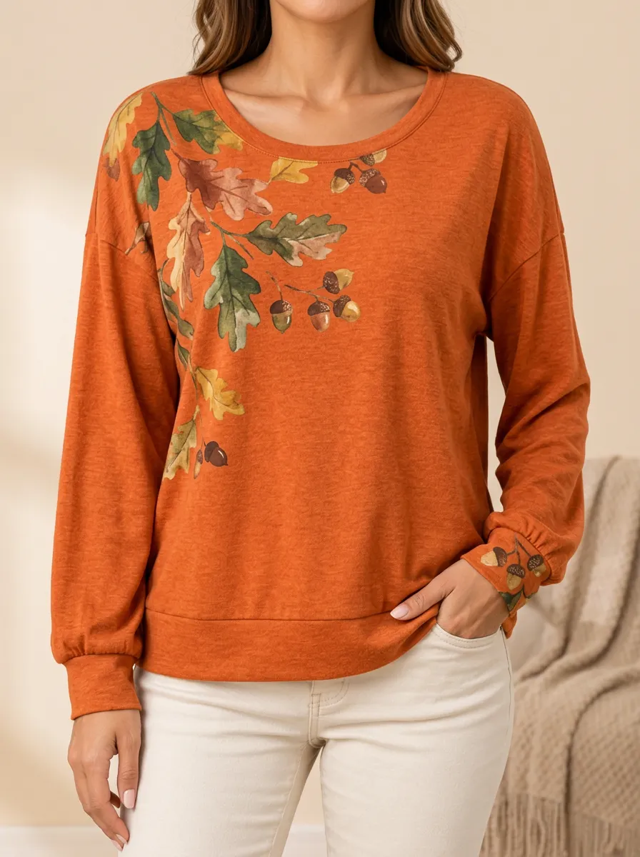 Oak Foliage and Acorn Woodland Print Long Sleeve Top