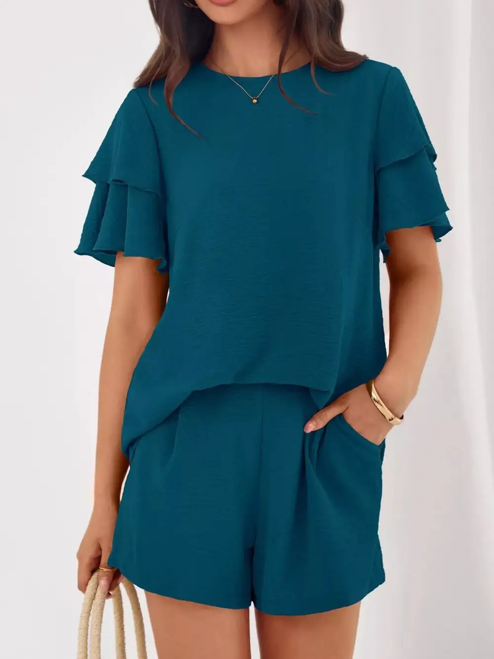 Ruffle Sleeve Top and Shorts Two-piece Set Everyday Look
