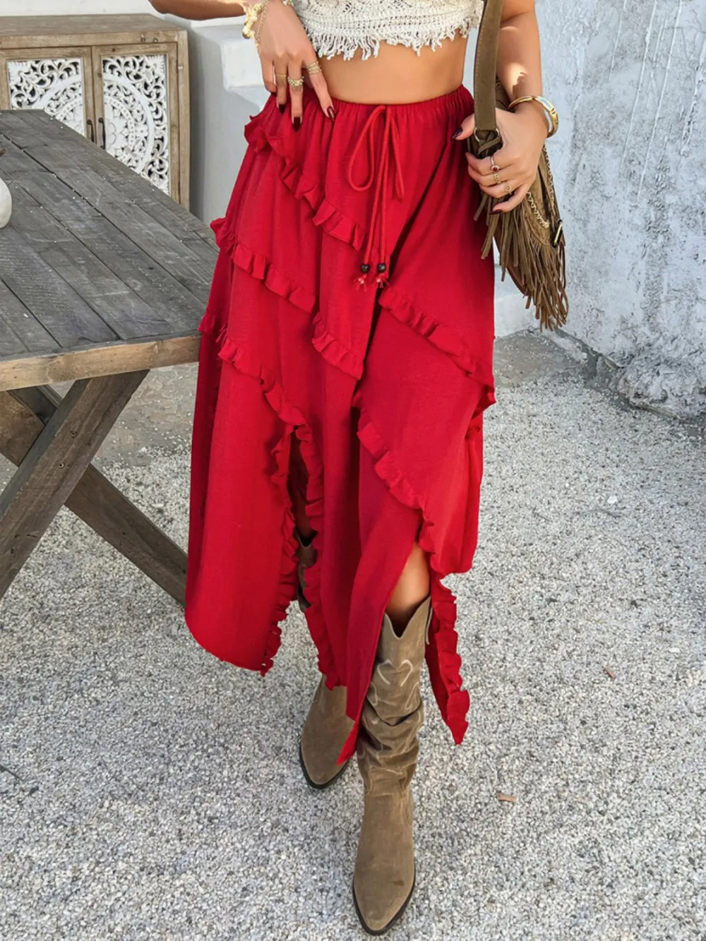 Ruffle Trim Drawstring Skirt